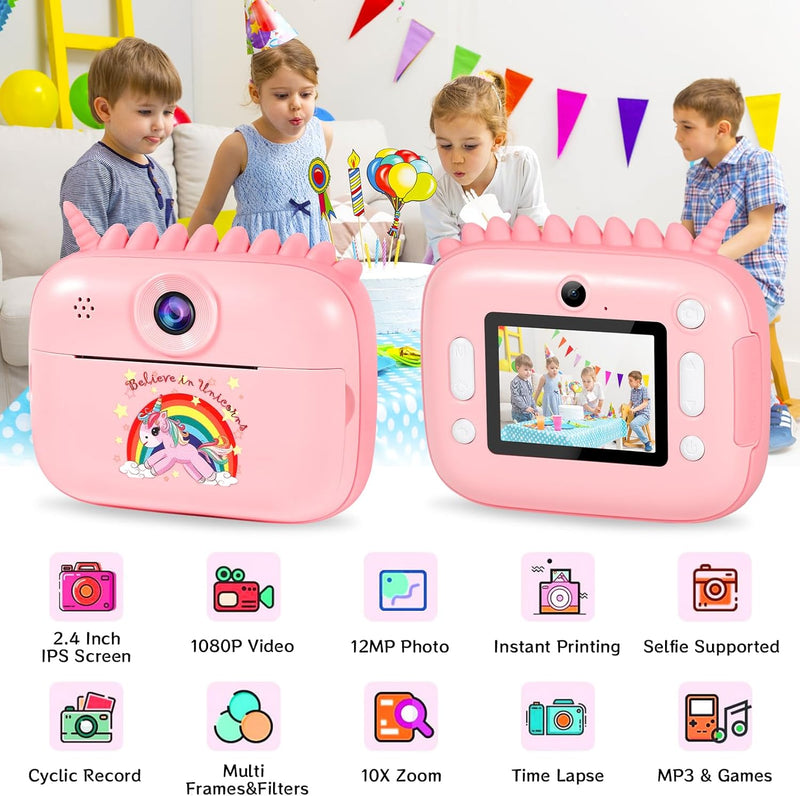 Kinderkamera Sofortbildkamera, 1080P 2,4 Zoll Bildschirm DigitalKamera Kinder mit Druckpapier,32GB K