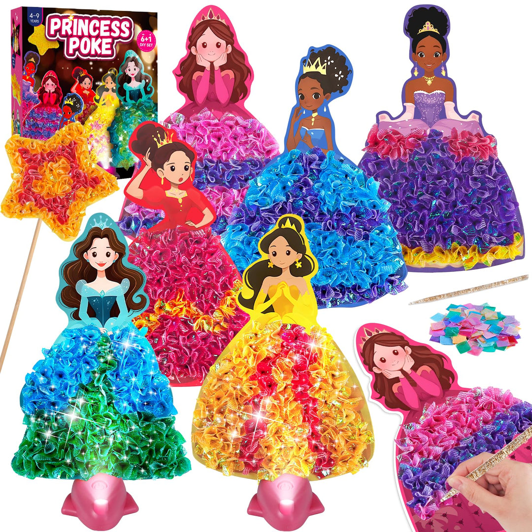 Poke Art Bastelset Kinder mit LED-Basis, Prinzessin DIY Kreativset, Schmutzfreies Basteln für Mädche
