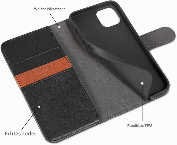 LENSUN Echtleder Hülle für iPhone 13 5G, Handyhülle [Echtes Leder][Magnetverschluss][RFID Schutz] Ha