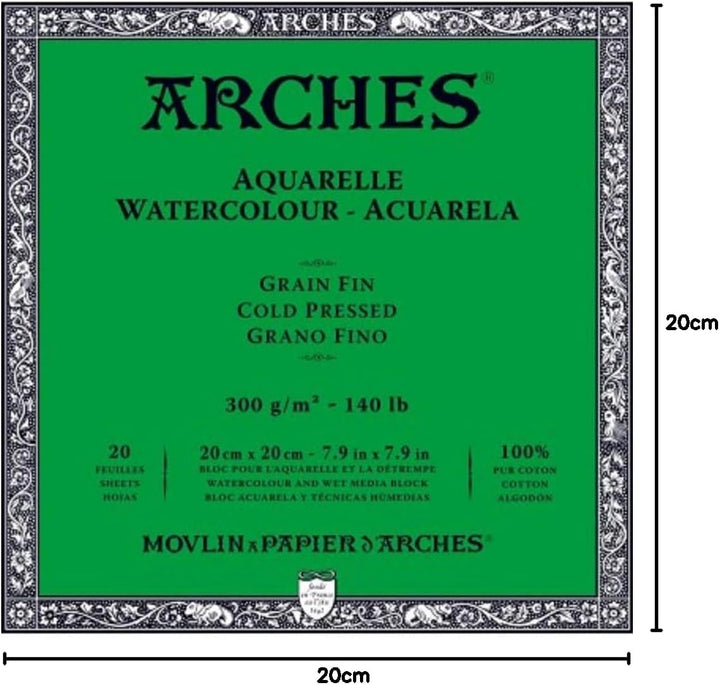 ARCHES Block Enc 4L 20x20 20H Aquarelle 100% fein 300g, Schwarz, 4
