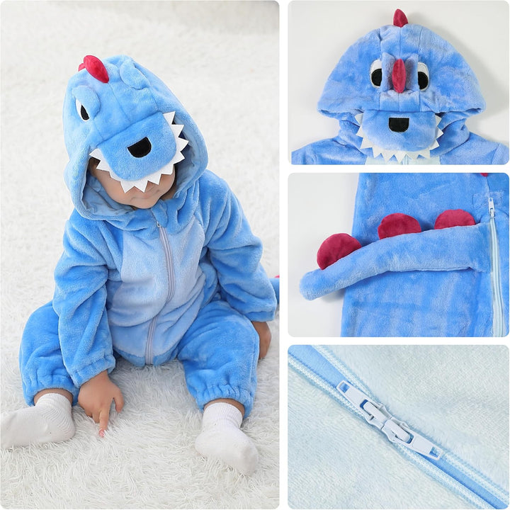 LOLANTA Baby Dinosaurier Drachen Kostüm mit Kapuze, Kinder Flanell Overall, Karneval Kostüm für Klei