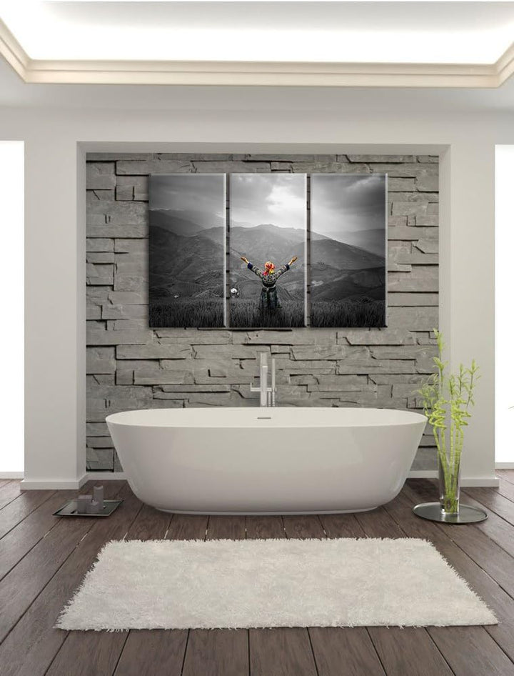 Pixxprint Berg Farm in Asien / 3-Teilig/Gesamtmass 120cm Leinwandbild bespannt auf Holzrahmen/Wandbi