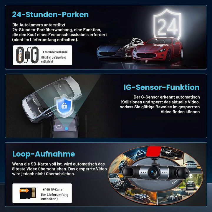 4 Kanal Dashcam Auto, 360 Grad Dashcam FHD 1080P Vorne Hinten Innen Links und Rechts, mit 3.16" Disp