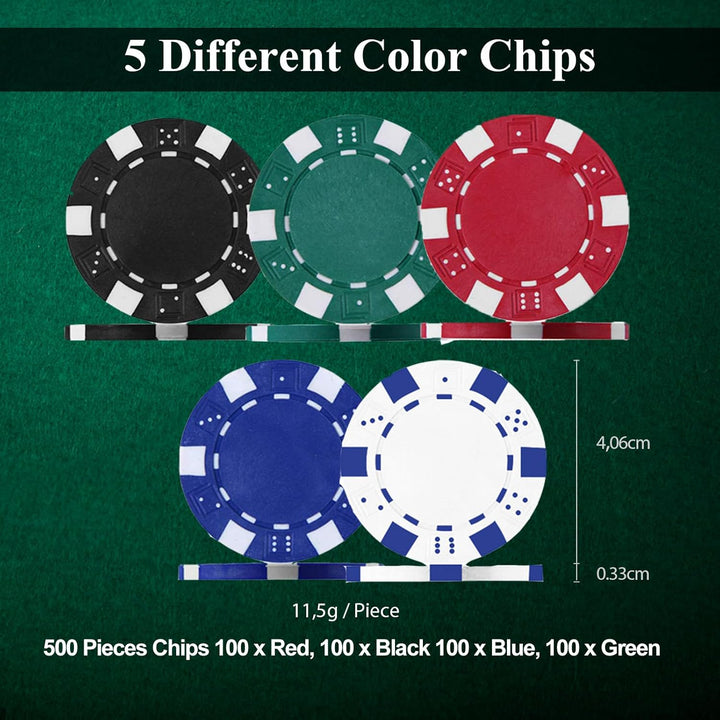 HOMASIS Pokerset mit 500 Chips, Poker Koffer mit 2 Kartendecks, 5 Würfel, Kasino-Matte, 3 Dealer But