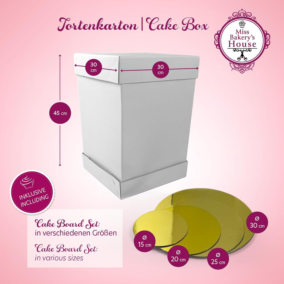 Miss Bakery’s House® Tortenkarton - 30x30x45 cm mit Cake Board Set 2 mm - Ø 15 + 20 + 25 + 30 cm (4e