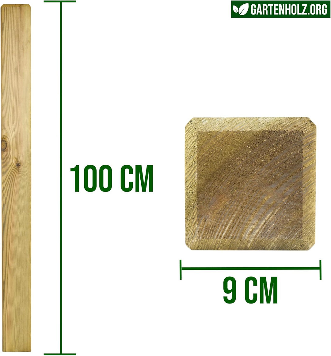 Vierkantpfosten Kiefer Holz KDI Grün 9x9 cm in 100-150 cm Länge – Stumpf, stabiler Zaunpfosten, impr