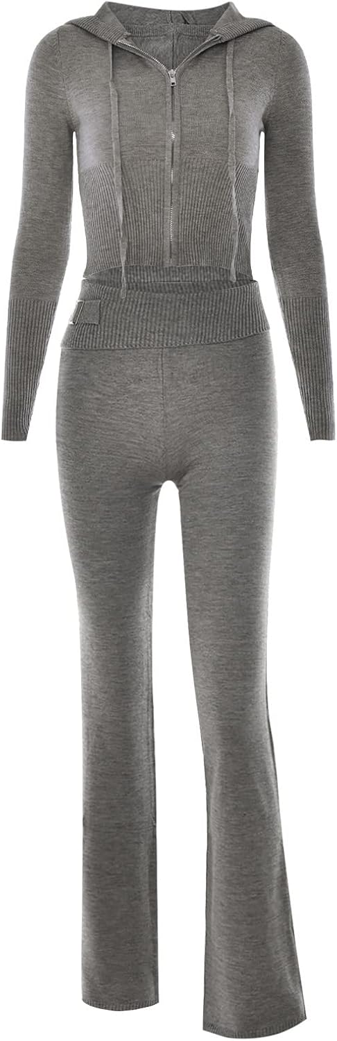 Damen Zweiteiler Hose und Pullover Strick Reissverschluss Up Crop Hoodies Vintage Sweatshirts mit Ka