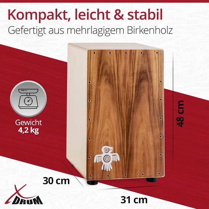 XDrum Cajon Peruana Koa (3 mm Schlagplatte, 9 mm Birkenkorpus, 48 cm hoch, inkl. Rucksack-Tasche)