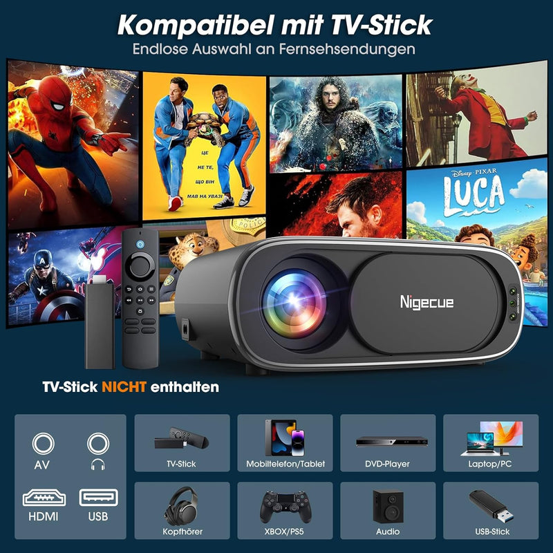 Nigecue Beamer 4K, Autofokus/Elektronische Trapezkorrektur 26000L WiFi6 Bluetooth 1080P Full HD Proj