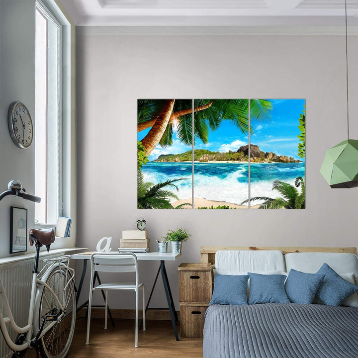 Runa Art Wandbilder Karibik Insel Bild XXL Wohnzimmer Schlafzimmer Blau Palme Meer 120 x 80 cm 3 Tei