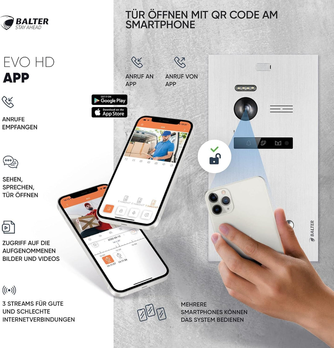 SCHUTZER Balter EVO-HD Video-Türsprechanlage für 1 Familienhaus, 7" Touchscreen Monitor 175° Weitwin