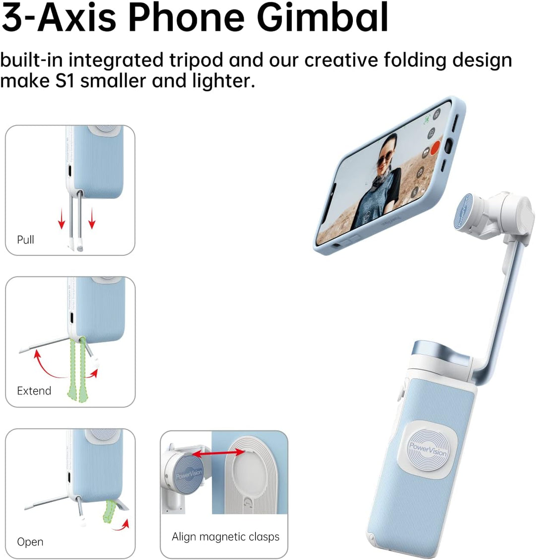 PowerVision S1, Gimbal Smartphone,3-Achsen-Telefonstabilisator mit eingebautes Stativ, kabelloser Po