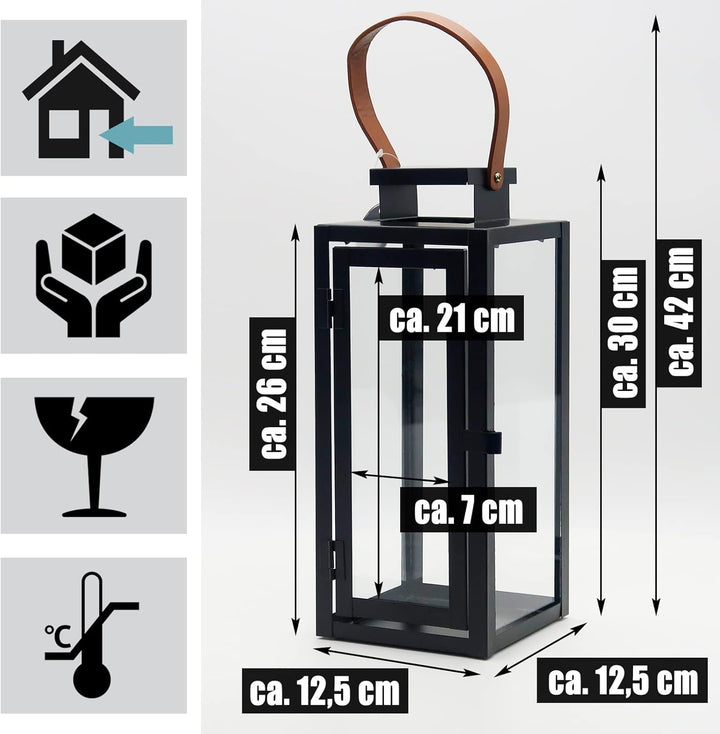 Dekovita 30cm Laterne in Schwarz - Gartenlaterne mit Glas-Scheiben und Kunstleder-Henkel - Metall De