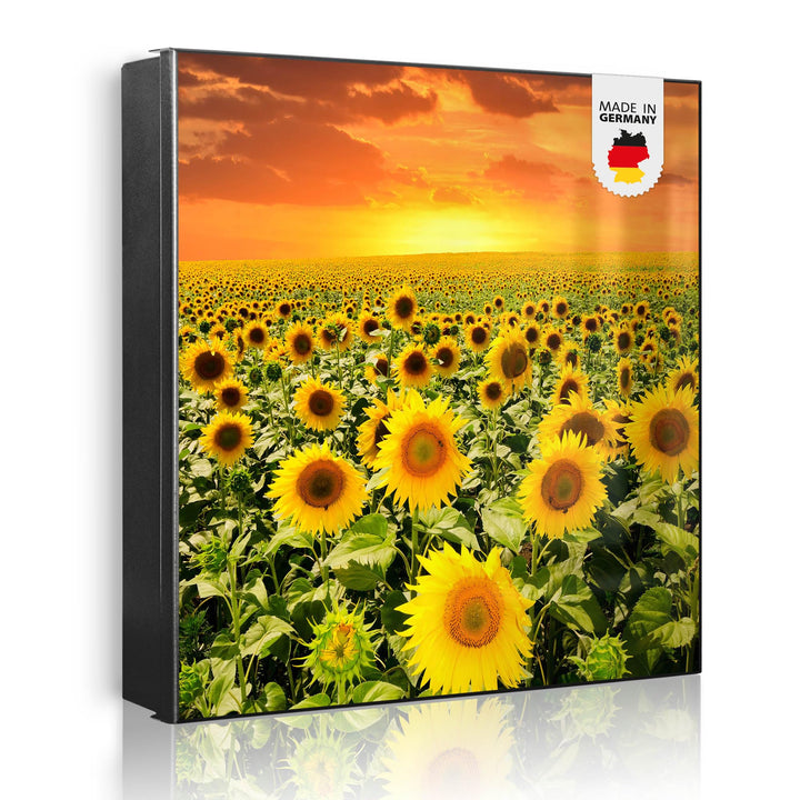 banjado® Grosser Schlüsselkasten Glas/Schlüsselbox 30cm x 30cm mit 50 Haken - Motiv Sonnenblumenmeer