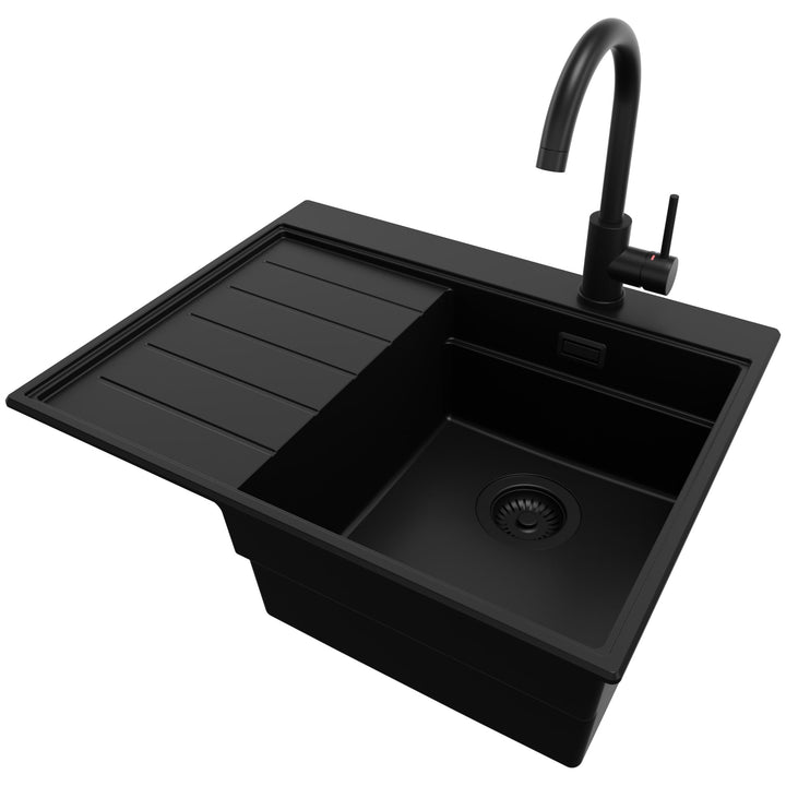 PRIMAGRAN Granitspüle Alles Schwarz 62x50cm, Spülbecken 1 Becken + Küchenarmatur 32x20cm + Ablauf-Se