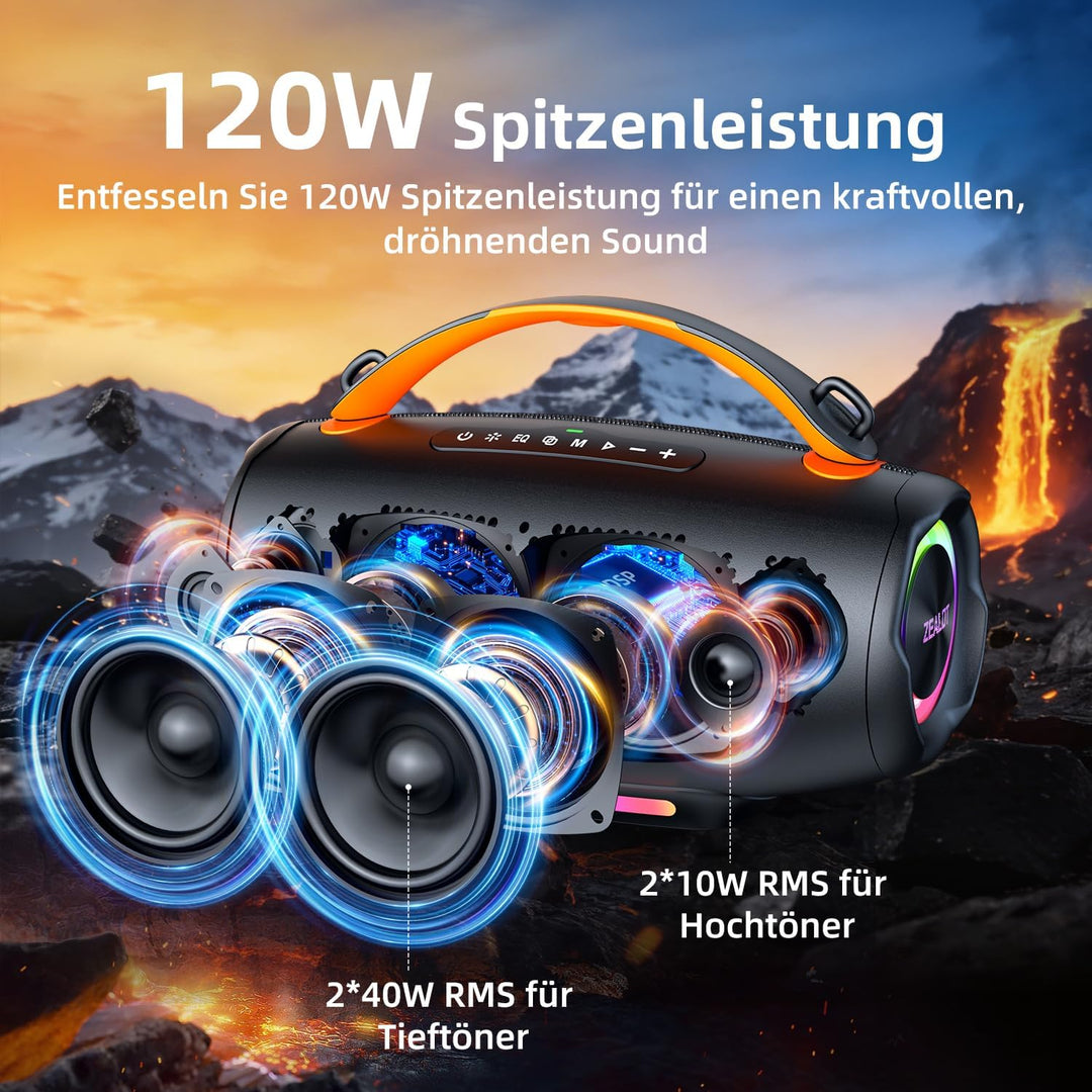 ZEALOT 100W Tragbarer Bluetooth Lautsprecher mit Licht,24 Stunden Wiedergabezeit,Bluetooth 5.3, IP56