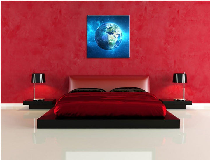 Erde im Universum, Format: 70x70 auf Leinwand, XXL riesige Bilder fertig gerahmt mit Keilrahmen, Kun