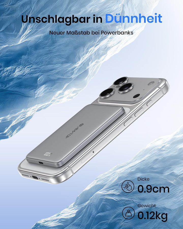 A ADDTOP Ultra Slim Magnetische Power Bank - 15W Wireless Powerbank 5000mAh mit USB C EIN/Ausgang -