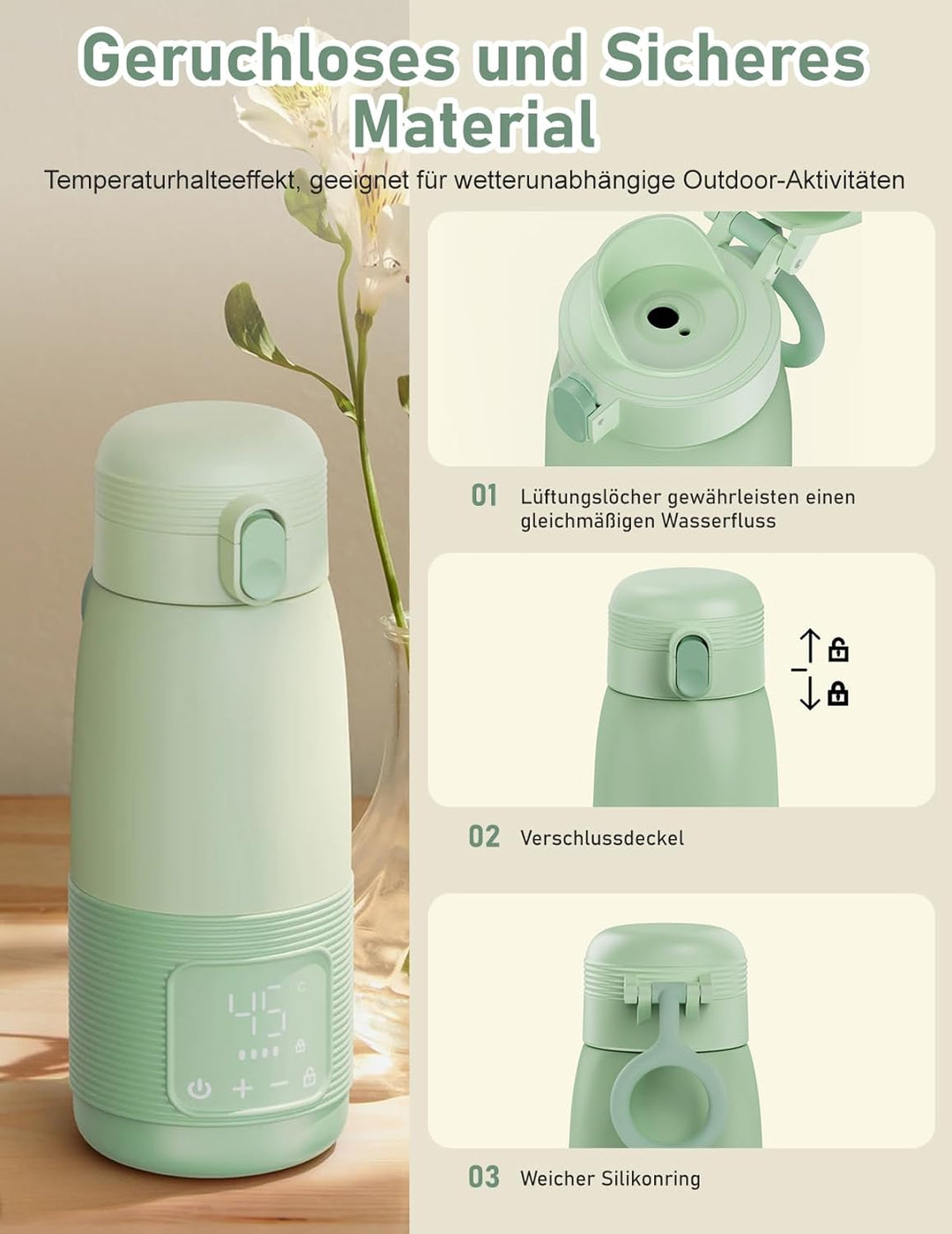 Tragbarer Flaschenwärmer, 500ml Flaschenwärmer Baby Unterwegs Präzise Temperaturkontrolle 37 Bis 55
