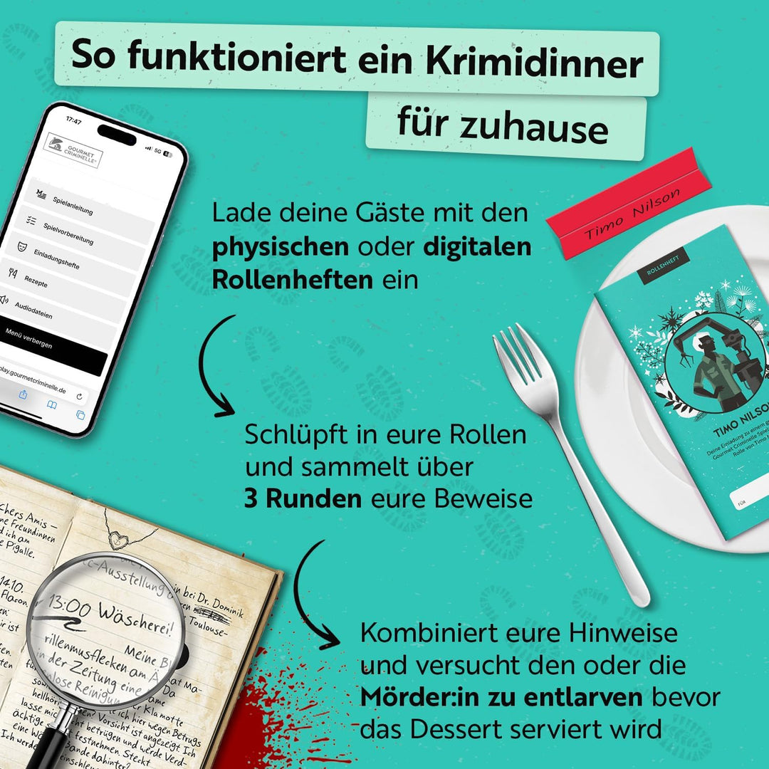 Gourmet Criminelle® Krimidinner für zuhause I 4-6 Personen | Mysteriöser Mordfall Korkenknall mit To