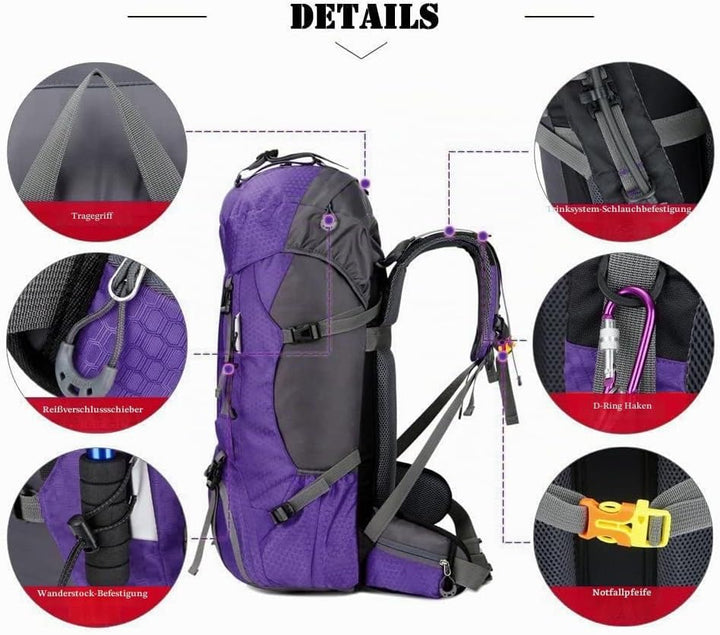 Bseash 60L Wasserdichter leichter Wanderrucksack mit Regenschutz, Outdoor Sport Tagesrucksack Multif
