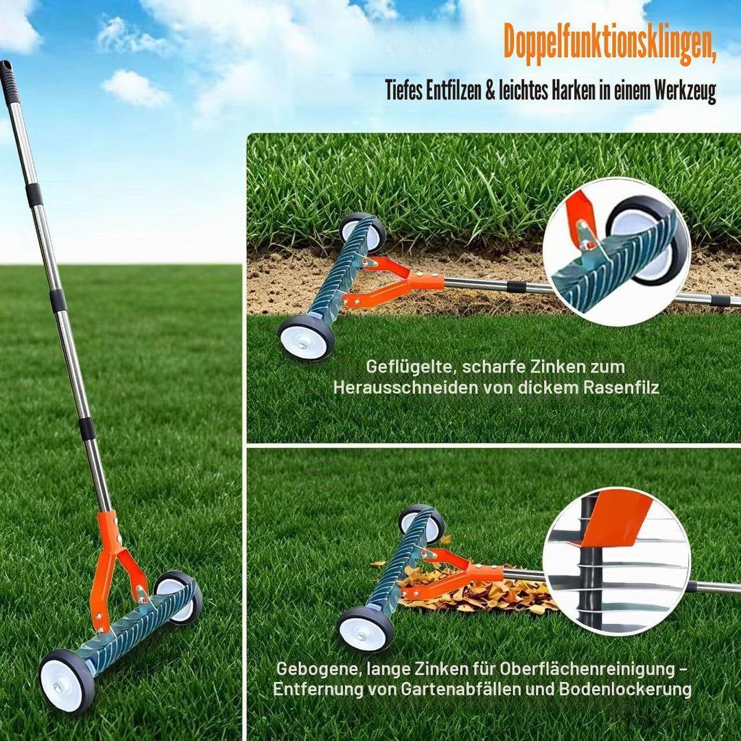 Handvertikutierer mit Rollen,Vertikutierrechen mit Stiel 163cm,Vertikutierer Rechen Hand mit Gartena