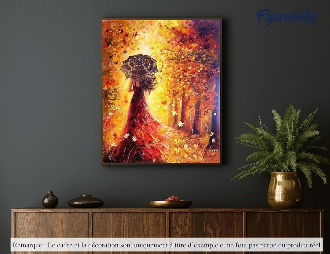 Figured'Art Malen Nach Zahlen Erwachsene Herbstwald und Frau mit Regenschirm - Paint by Numbers Bast