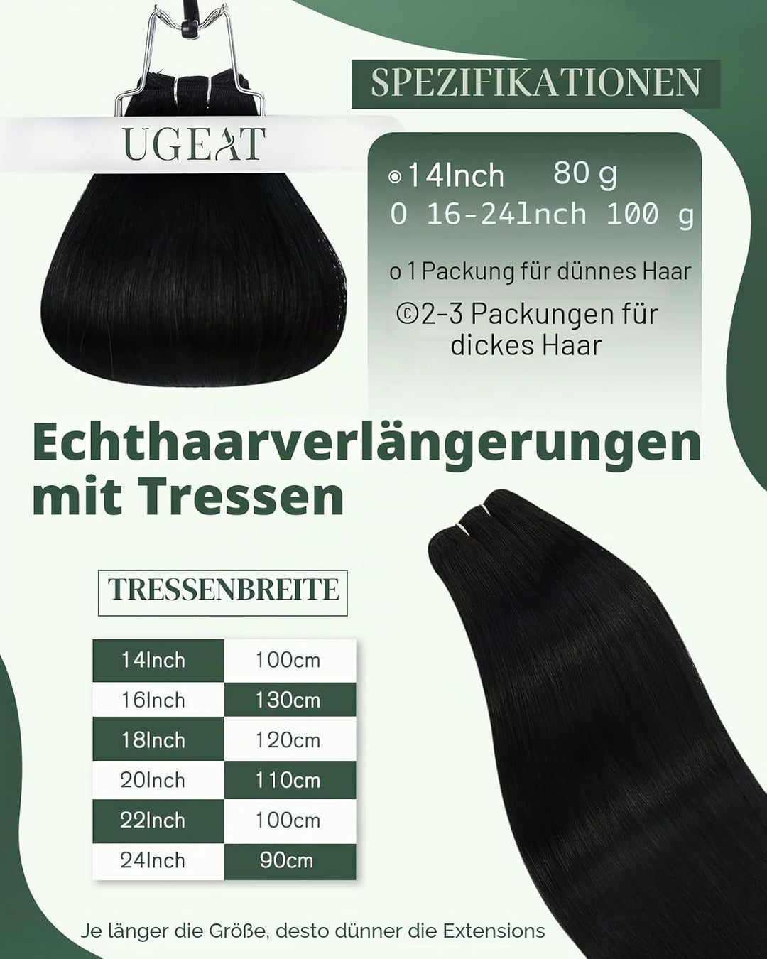 Ugeat Tressen Extensions Echthaar Schwarz 