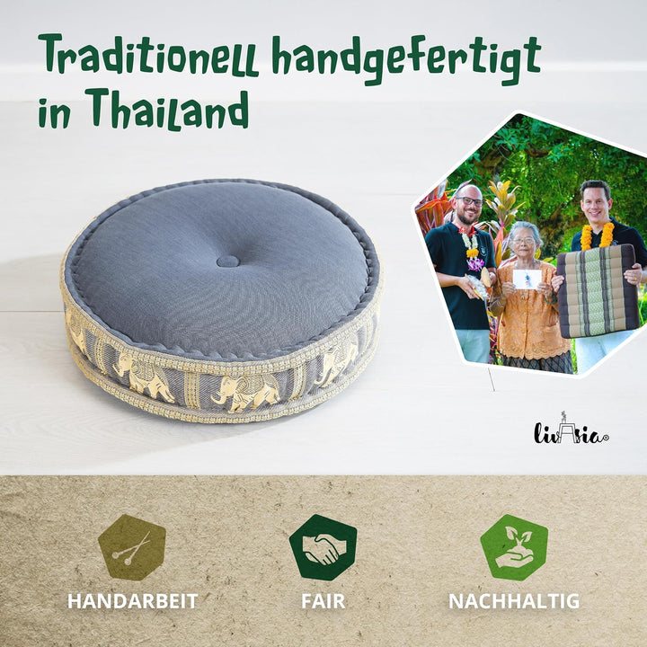 livasia Meditationskissen mit Thaiseide - Ø 45x15cm - Yogakissen mit Kapok, Pouf, Bodenkissen für Yo