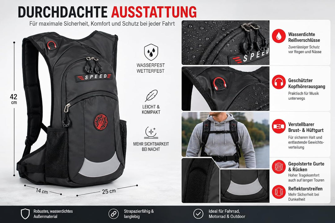 BAG STREET - wasserdichter Rucksack für Motorrad, Biker, Fahrrad, Sport, Outdoor - Schwarz