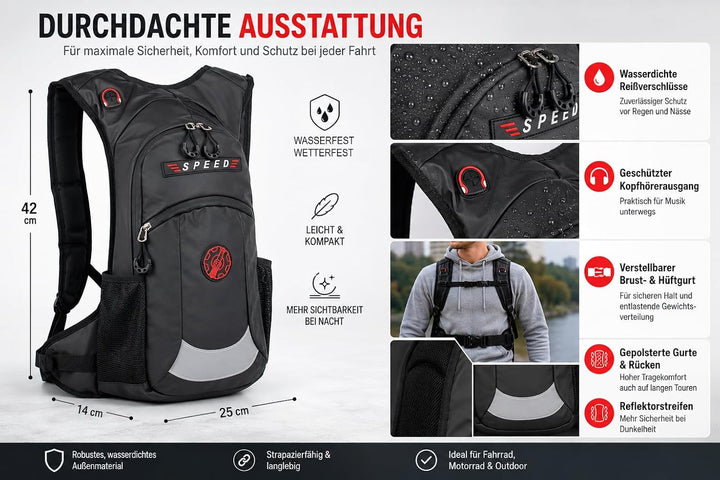 BAG STREET - wasserdichter Rucksack für Motorrad, Biker, Fahrrad, Sport, Outdoor - Schwarz
