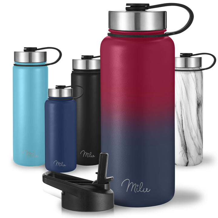 Milu Edelstahl Trinkflasche 500ml, 750ml, 1000ml (+3 Deckel) - Thermosflasche mit Strohhalm, Isolier