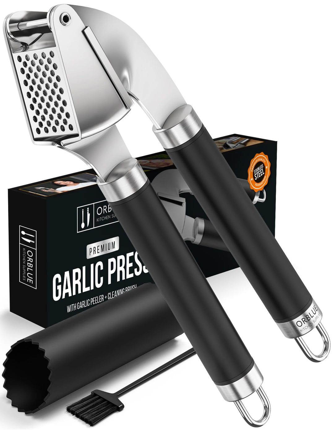 ORBLUE Knoblauchpresse Edelstahl Schwarz – Premium Knoblauchpresse & Knoblauchreibe – Garlic Press m