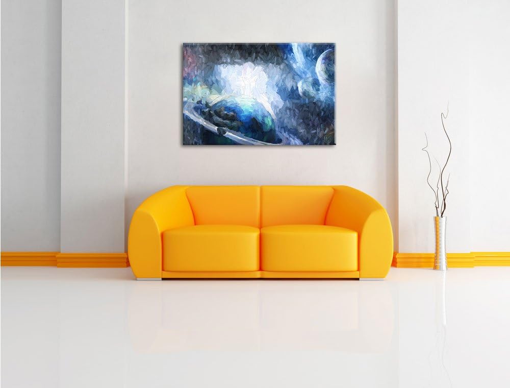 Pixxprint Planeten und Meteoriten im Weltraum Kunst Pinsel Effekt, Format: 100x70 auf Leinwand, 100x