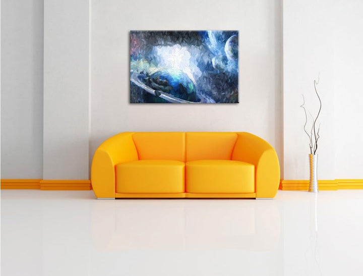 Pixxprint Planeten und Meteoriten im Weltraum Kunst Pinsel Effekt, Format: 100x70 auf Leinwand, 100x