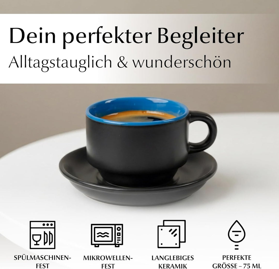 MIAMIO - 6 x 75 ml Espressotassen Set/Espresso Tassen Set mit Untertasse & Ständer - Kaffeetassen Se
