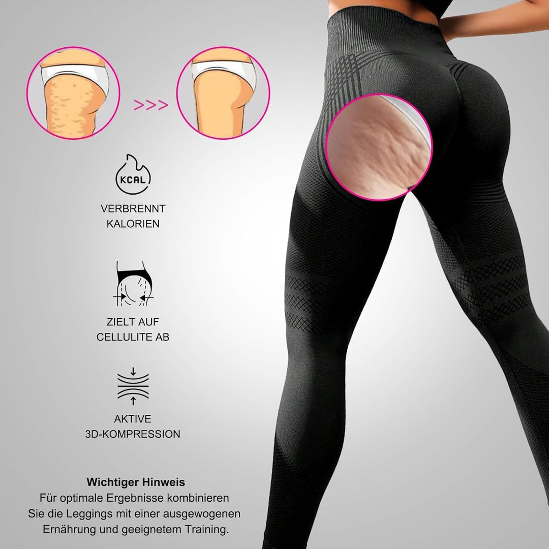 2 Stück 3D Anti Cellulite Leggings Damen High Waist Elastische Sporthose Lang Blickdicht Kompression
