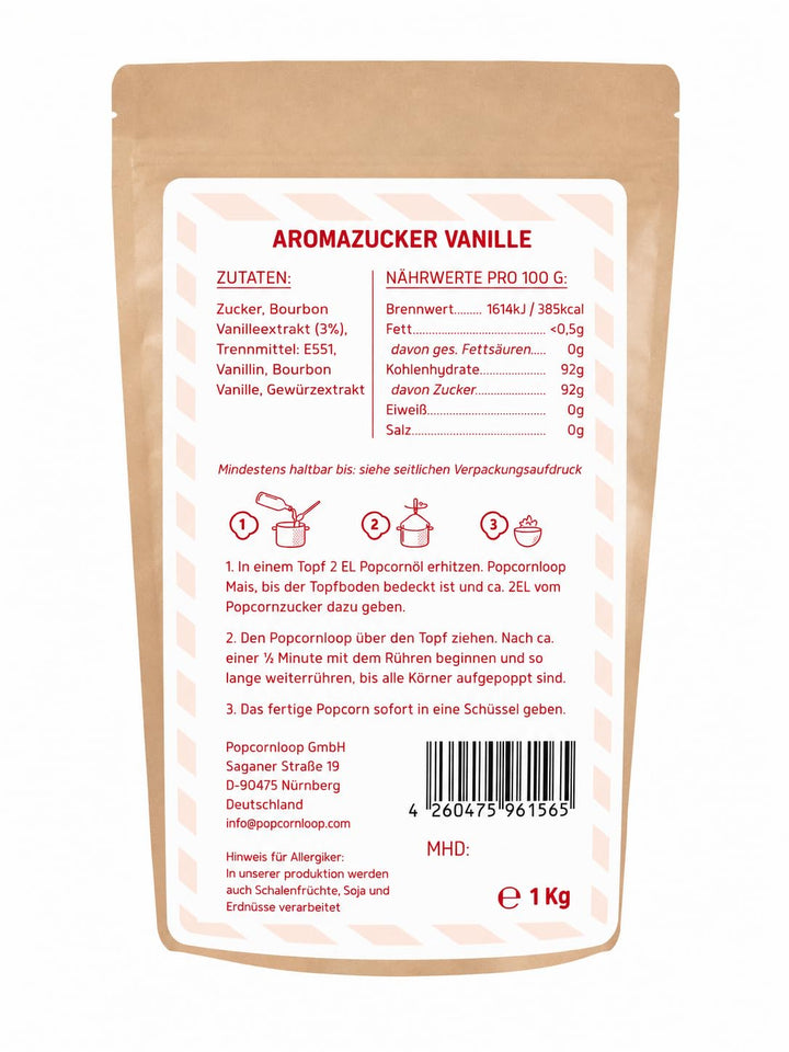 Popcornzucker Vanille 1000 g mit Bourbon-Vanille Zucker Vanillin Popcorn Mais Gewürz zum Verfeinern