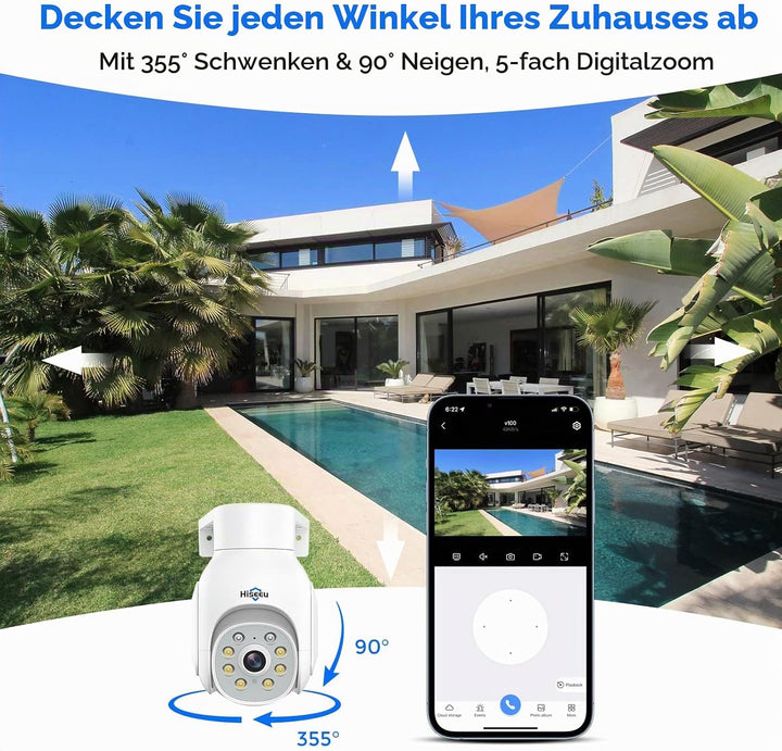 Hiseeu 5 MP Überwachungskamera Aussen-WLAN mit automatischer Verfolgung, 350°/90° schwenkbar, Farbna