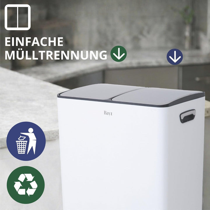 Bayt Mülleimer 2 Fächer - Mülleimer 60 L für Abfalltrennung, Abfälleimer Küche aus Edelstahl, Weiss,