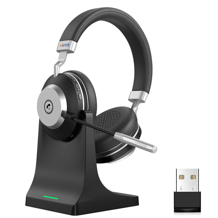 Wantek Wireless Business Headset mit Noise-Cancelling Mikrofon & Ladestation – Bluetooth 5.3 & 2.4GH