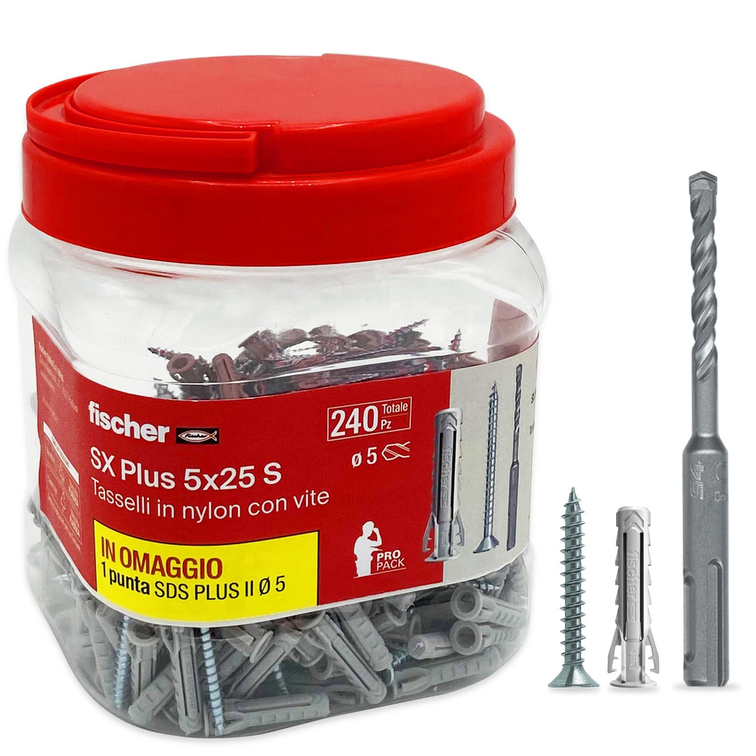 Fischer Propack SX Plus 5 S, 240 Dübel 5 x 25 cm, mit Schraube + SDS-Bohrer, 5 mm, wiederverwendbar,