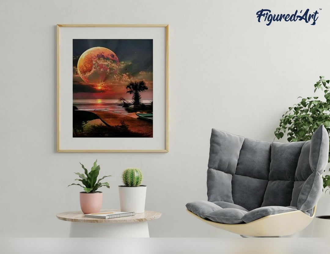 Figured'Art Malen Nach Zahlen Erwachsene Mit Rahmen Meer und Grosser Mond - Paint by Numbers Basteln
