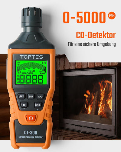 TopTes CT-300 Tragbarer CO-Detektor, CO-Detektor mit akustischem und optischem Alarm, 0-5000PPM, hin