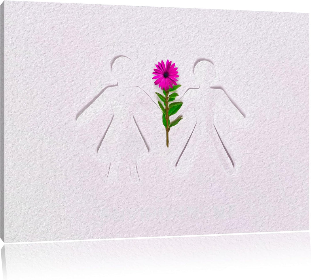 Strichmännchen mit Blume schwarz/weiss Format: 100x70 auf Leinwand, XXL riesige Bilder fertig gerahm
