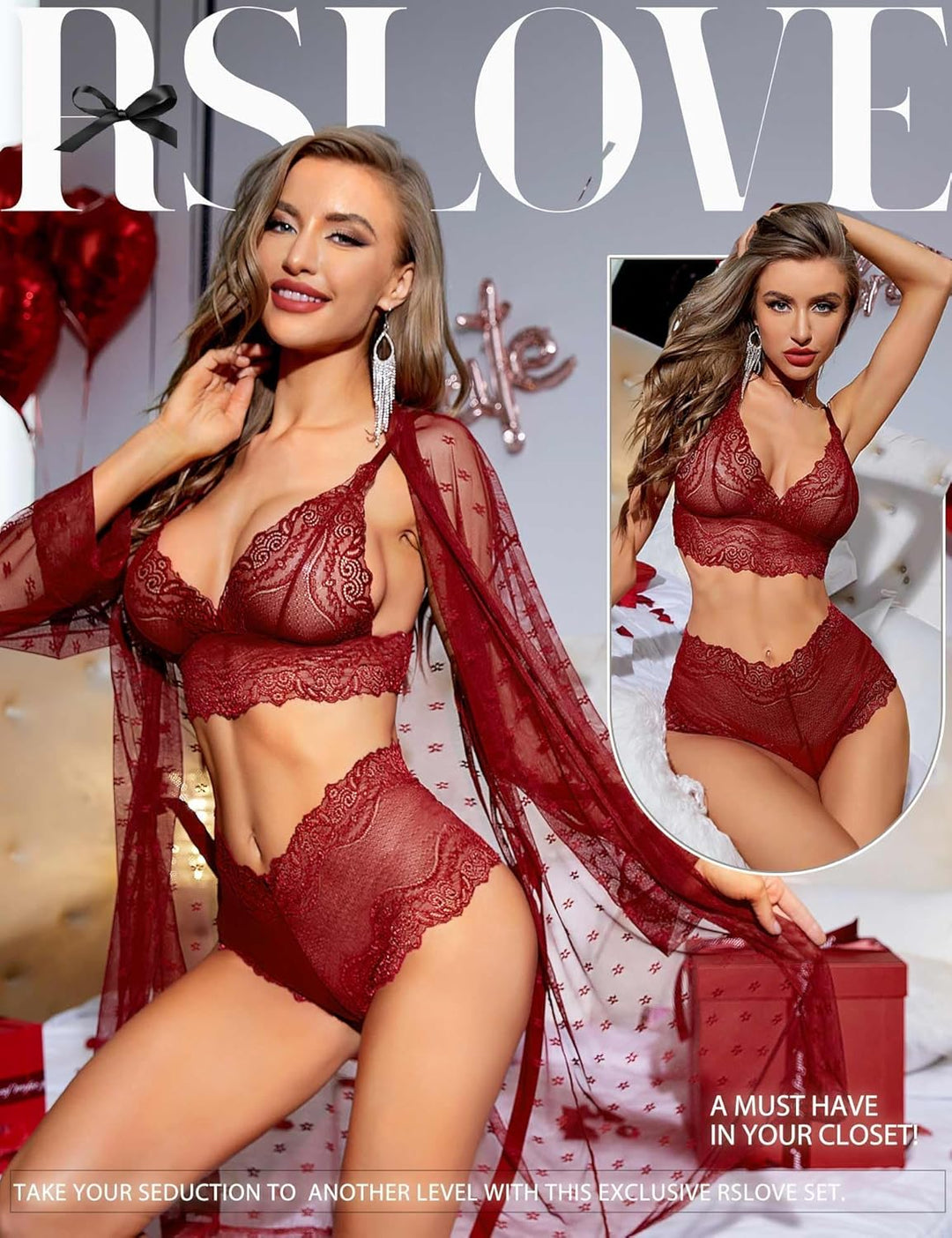 RSLOVE Sexy Dessous Set für Damen 3 teilig Spitzen Kimono mit BH und Höschen XXL Wein Rot, XXL Wein