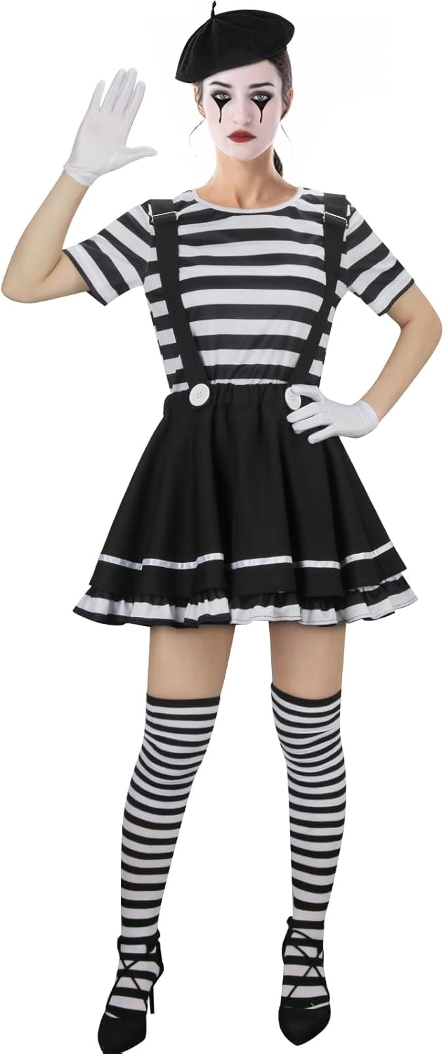 NUWIND Damen Pantomime Kostüm Französisch Klassisch Mime Spiel Set, schwarz-weiss gestreiftes Oberte