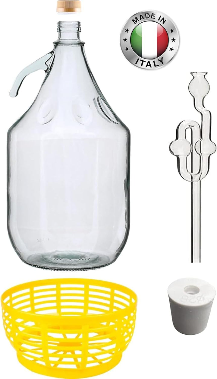 lilawelt24 Glasgärballon Set| 5L Korbflasche + Gummistopfen + Gärrohr |Weinballon Gärballon Glasflas