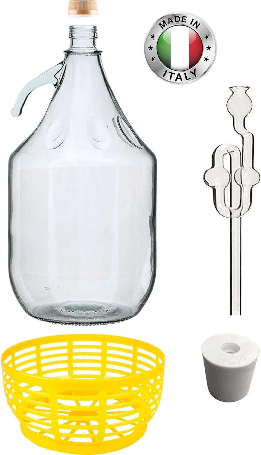 lilawelt24 Glasgärballon Set| 5L Korbflasche + Gummistopfen + Gärrohr |Weinballon Gärballon Glasflas