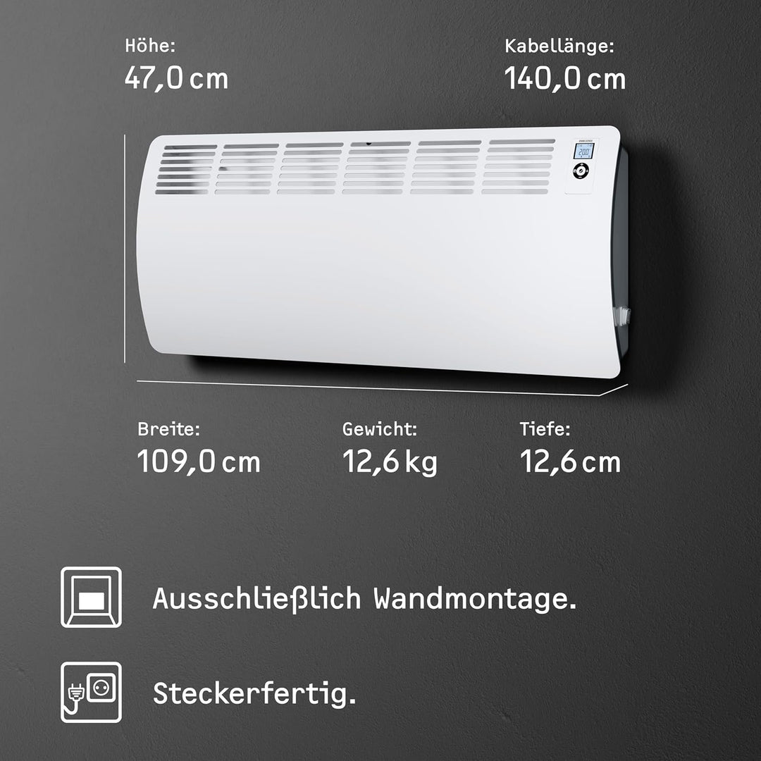 STIEBEL ELTRON Wandkonvektor CON 30 Premium, 3 kW für ca. 35 m², VDE geprüft, LC-Display, Wochentime